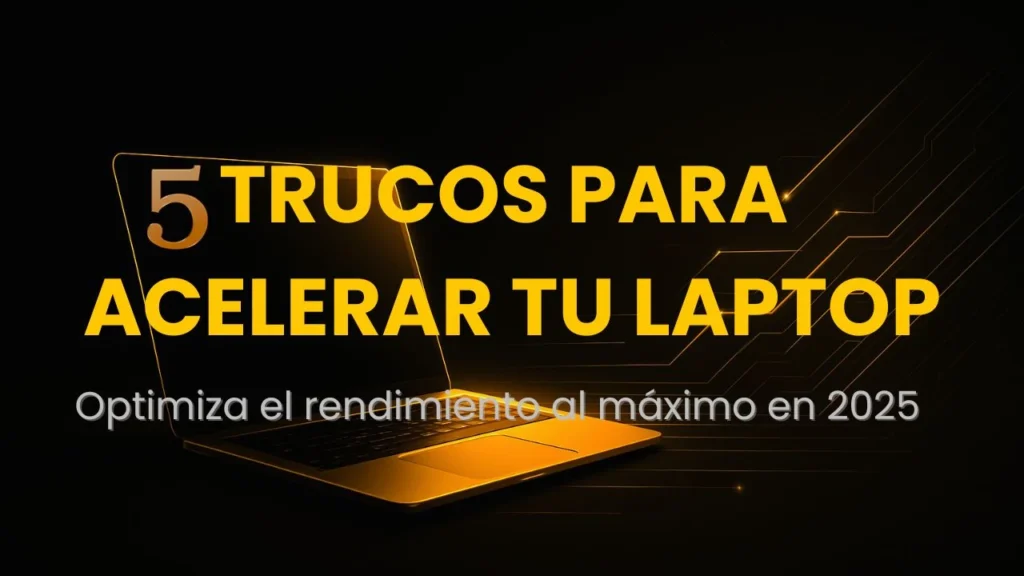 Laptop dorada sobre fondo negro futurista con efecto de velocidad.